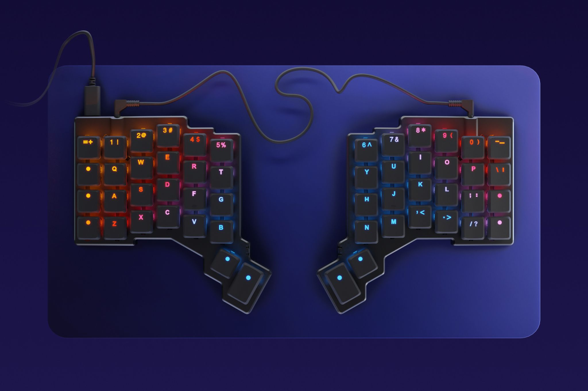 Small, black, split orthogonal keyboard with RGB lightning