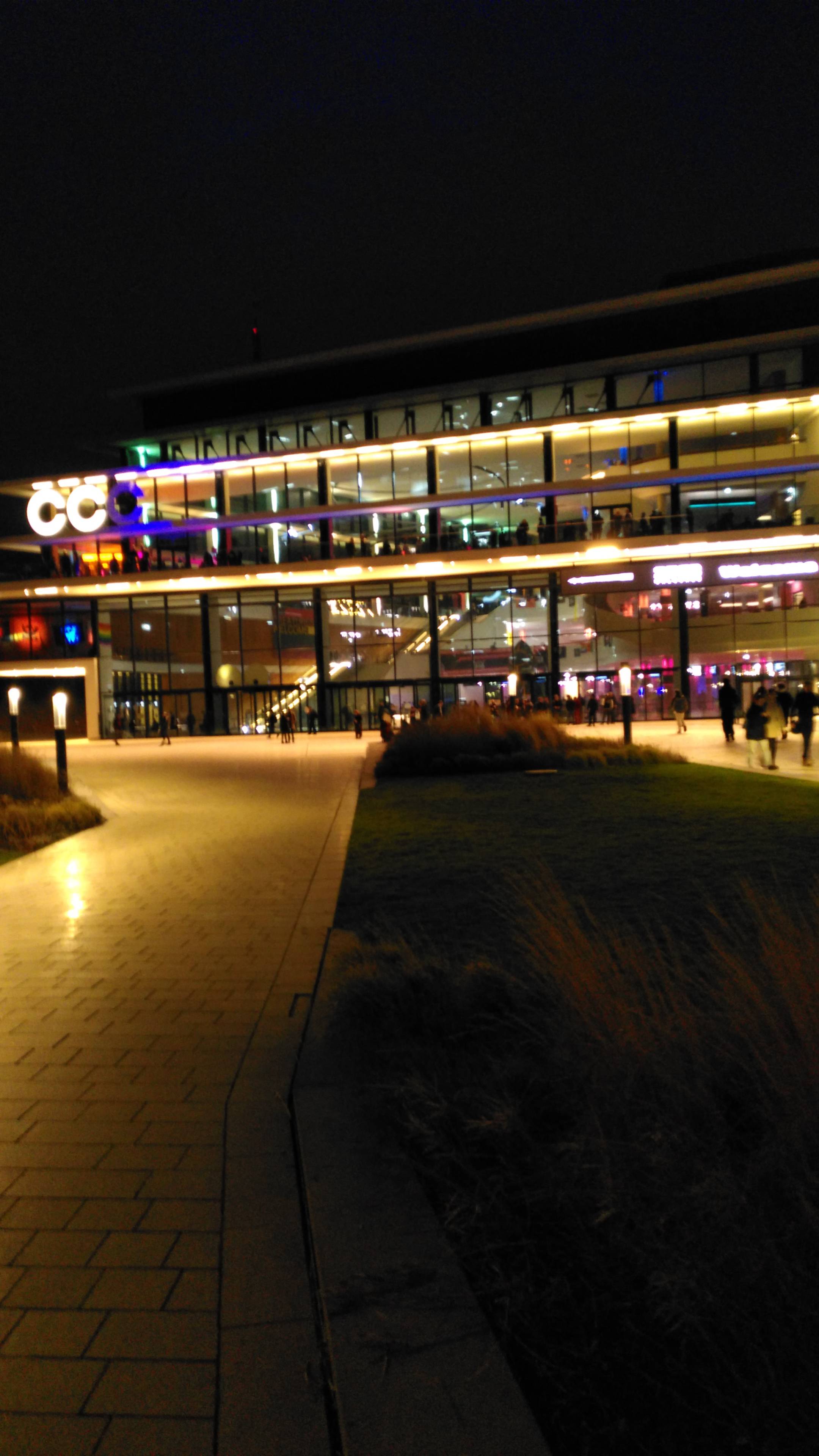 A conference building with some pretty lights.