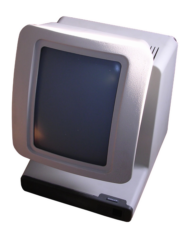 Funny white/beige terminal with the screen in upright position, much higher than wide, with the screen on a stand behind it formed like an L.