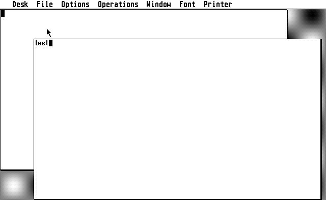 B&W screenshot showing two overlapping windows, and a menu bar at the top of the screen. In one window I have typed "test".